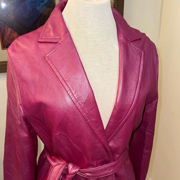 Bernardo Collection Pink Raspberry Belted Soft Leather Jacket Size Medium - Picture 4 of 13